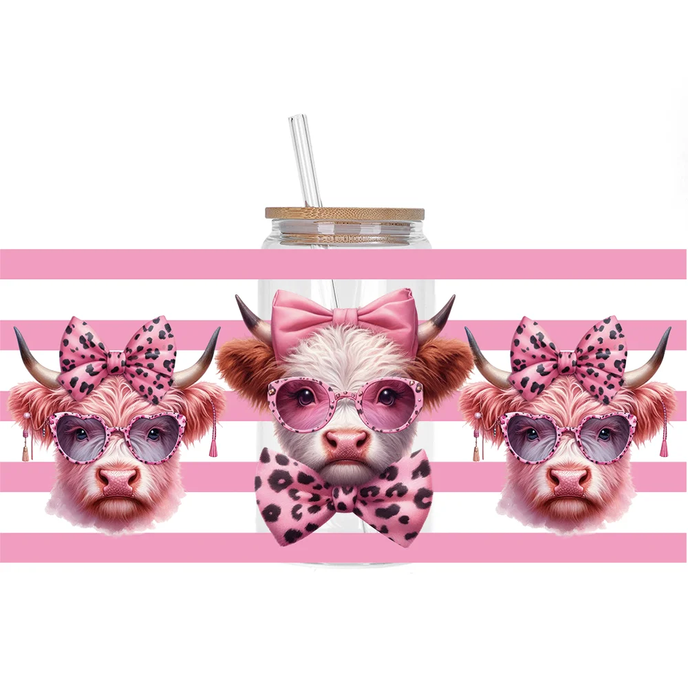 Highland cattle series Easy peel waterproof DIY Decals 3D transfers uvdtf crystal stickers 16oz uv dtf cup wraps for Glasses