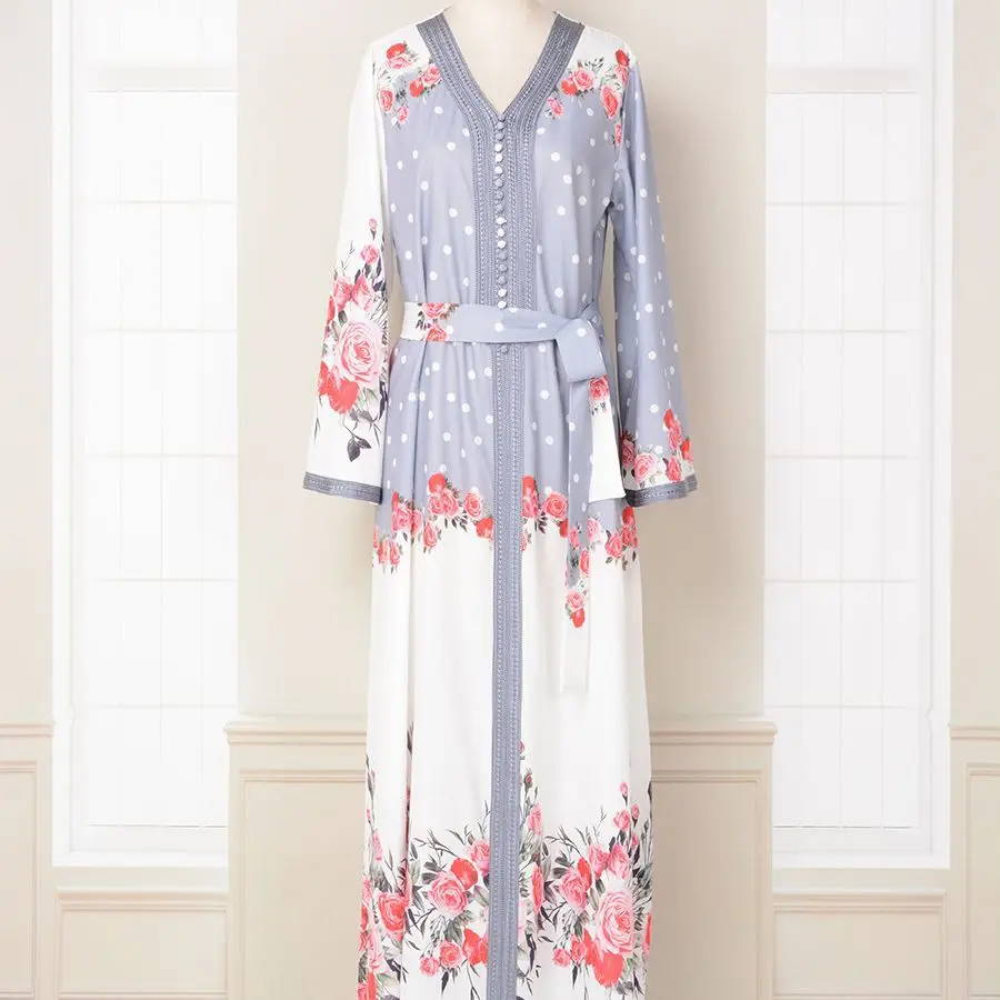 Satin Printed and Colored Lace Robe for Women Arab Party Fashion Dress