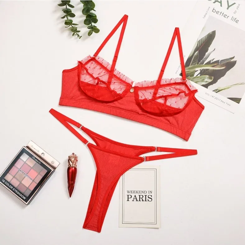 Sensual Red Lace Bra & Panty Set - Sheer Mesh Push-Up Bra with Matching High-Cut Briefs