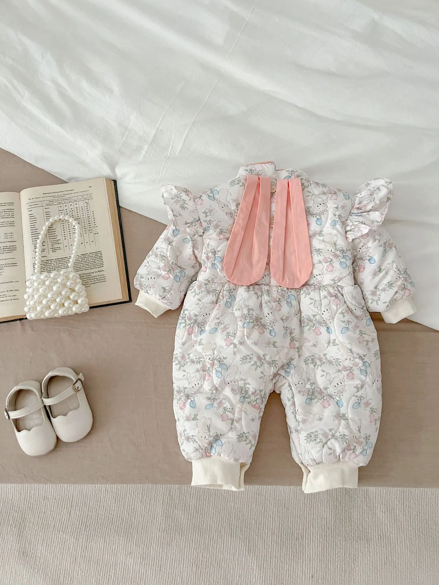 23 Winter Baby Girl Baby Cute Rabbit Ear One Piece Cotton Coat with Plush Outgoing Kids Onepiece Fashion clothing