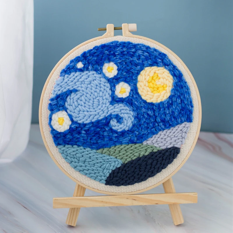 Moon Night Punch Needle Embroidery Kit Beginners Soft Yarn Van Gogh Starry Sky Needlework Wall Painting Home Decor Embroidery Set