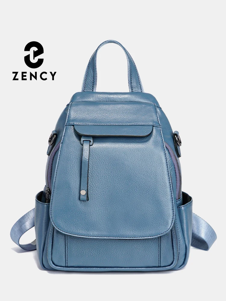 Zency Genuine Leather Women's Fashion Backpack High Quality School Travel Shoulder Bags Satchel Rucksack Multifunctional Pockets