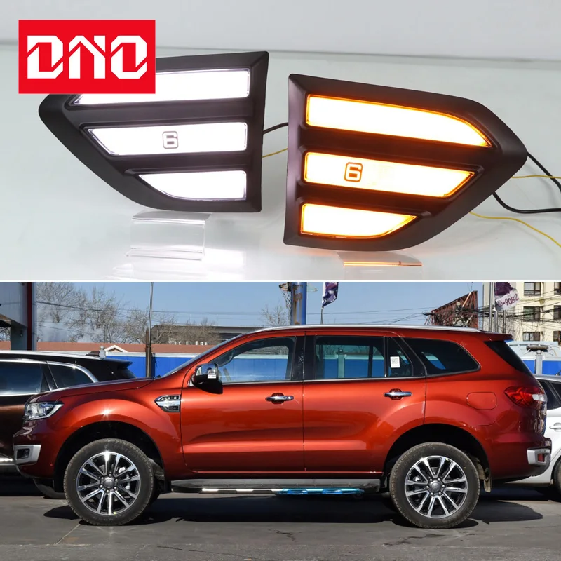 

Car LED DRL Daylights For Ford Everest 2015 - 2018 2019 Yellow Turn Signal Daytime Running Headlamps Auto Driving Lamp Foglamps