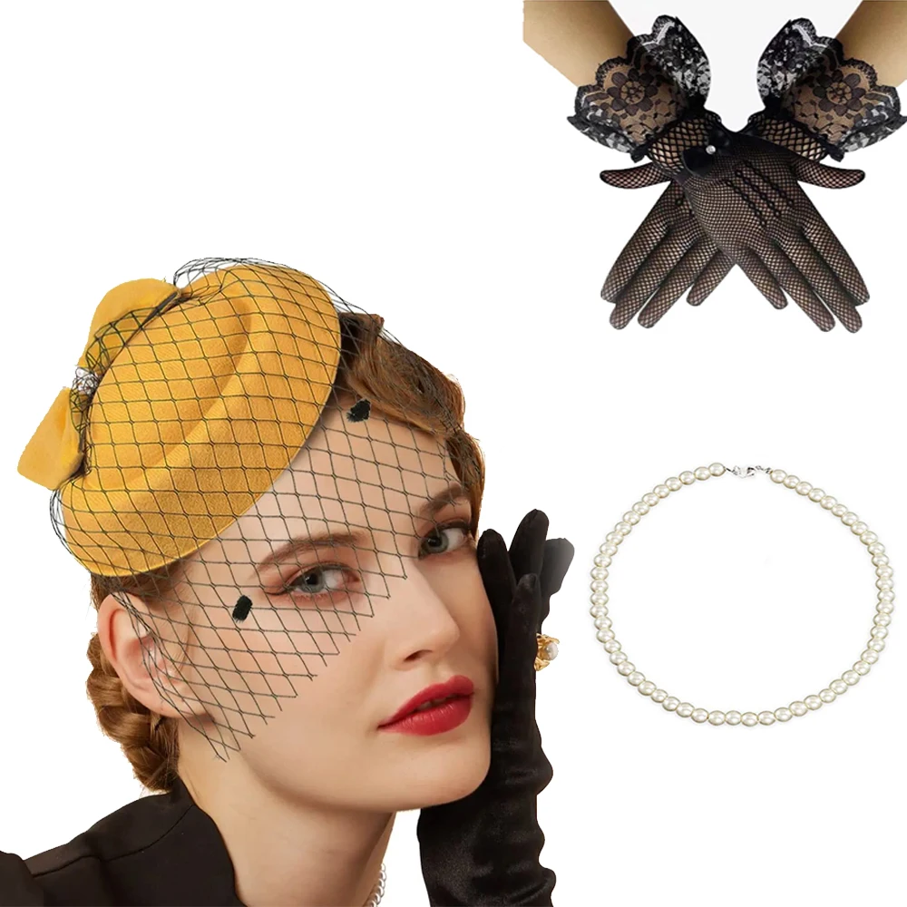 Fascinator Hats Fascinators Hats 20s 50s Hat Pillbox Hat Cocktail Tea Party Headwear with Veil Necklace gloves Set for Girls and Women