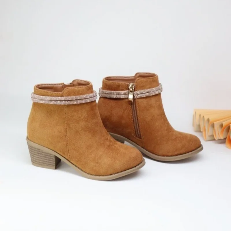 Girls Low Heel Rhinestone Boots for Kids Casual Wear