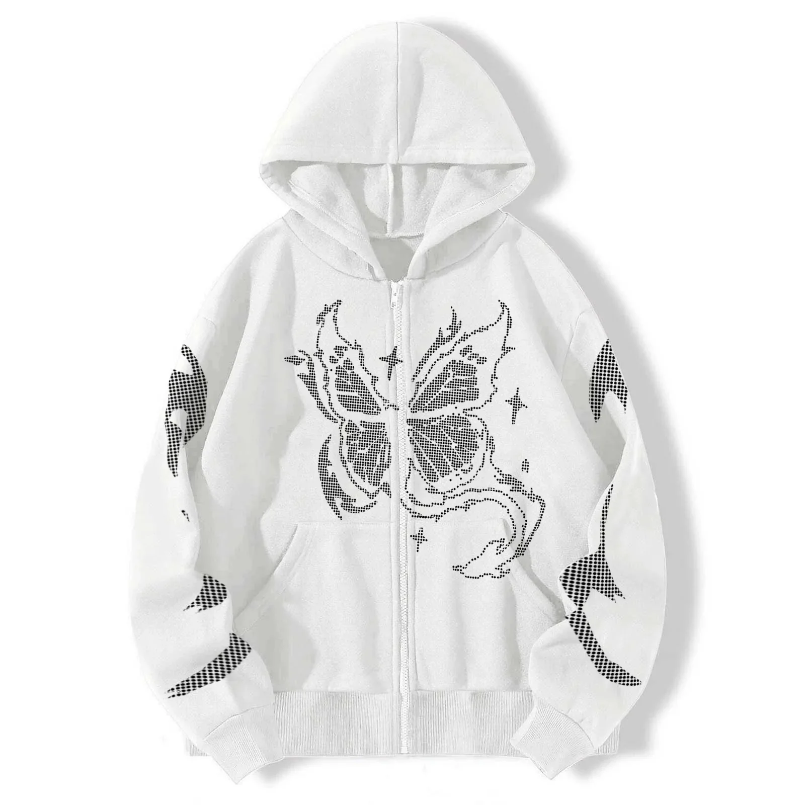 

2023 Y2K Butterfly Print Zipper Sweater HD Dotted Matrix Pattern Long Casual Loose Sweater Couple Fashion Sports Cardigan Jacket