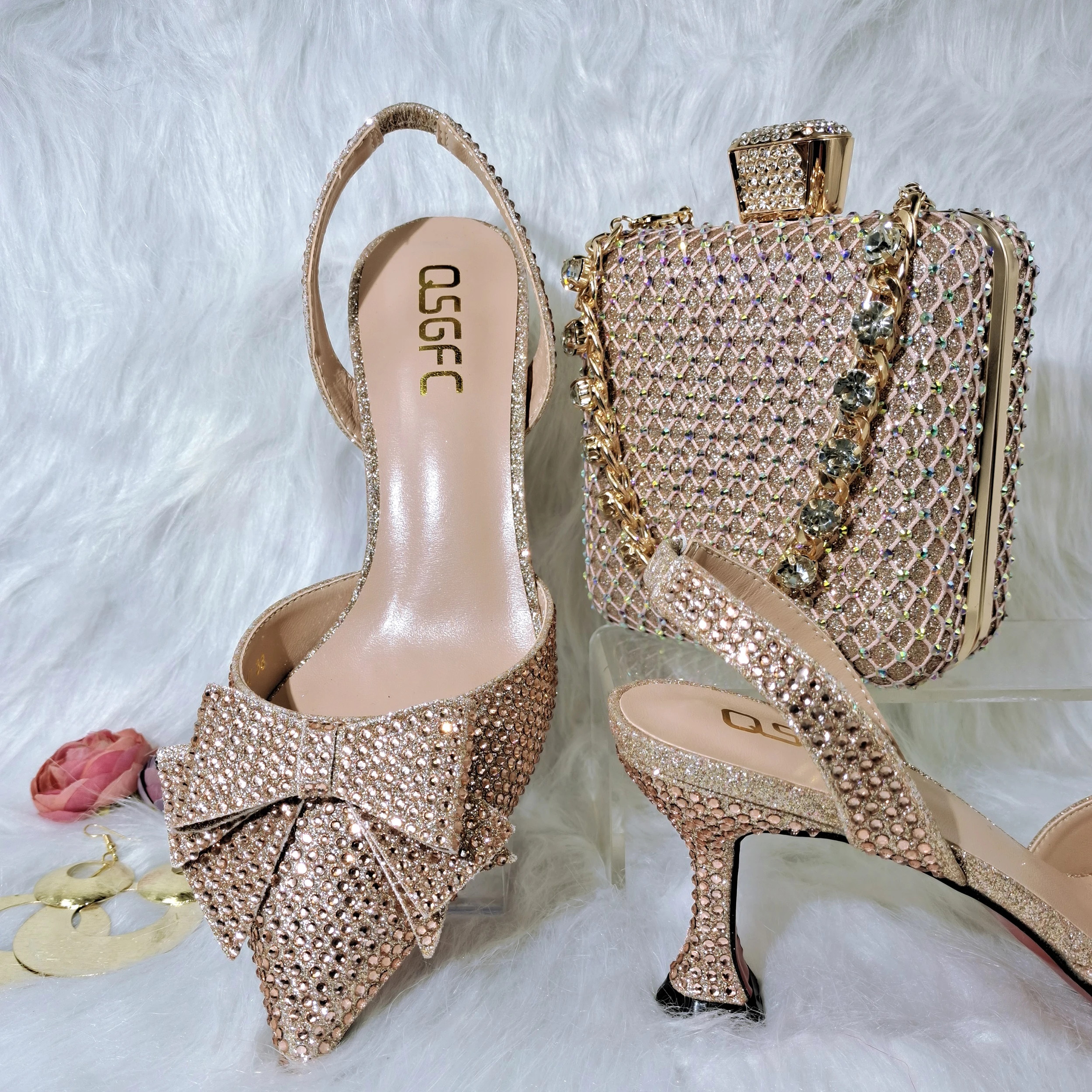 QSGFC Crystal Decoration Style Wine Glass Heel Friends Party Shoes Nigerian Fashion Ladies Shoe And Bag For Wedding