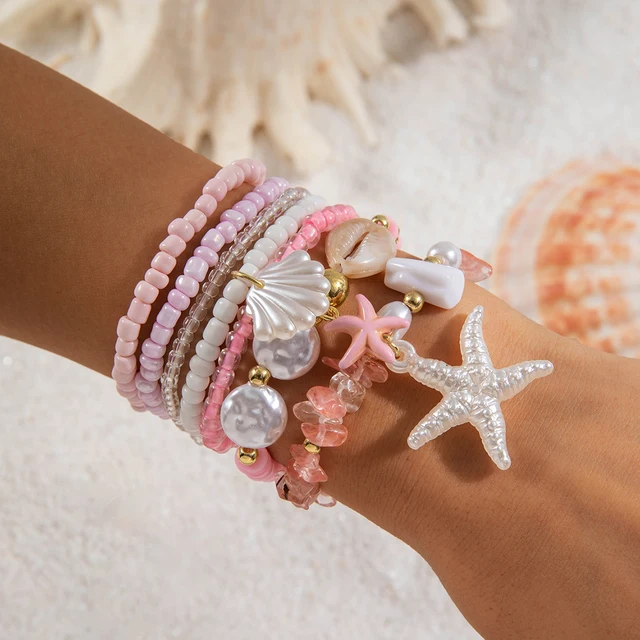 Tocona Bohemian Resort Style Shell Beaded Weaving Bracelet Beach Style Starfish Rice Beads Seven Piece Set for Women 25134 1