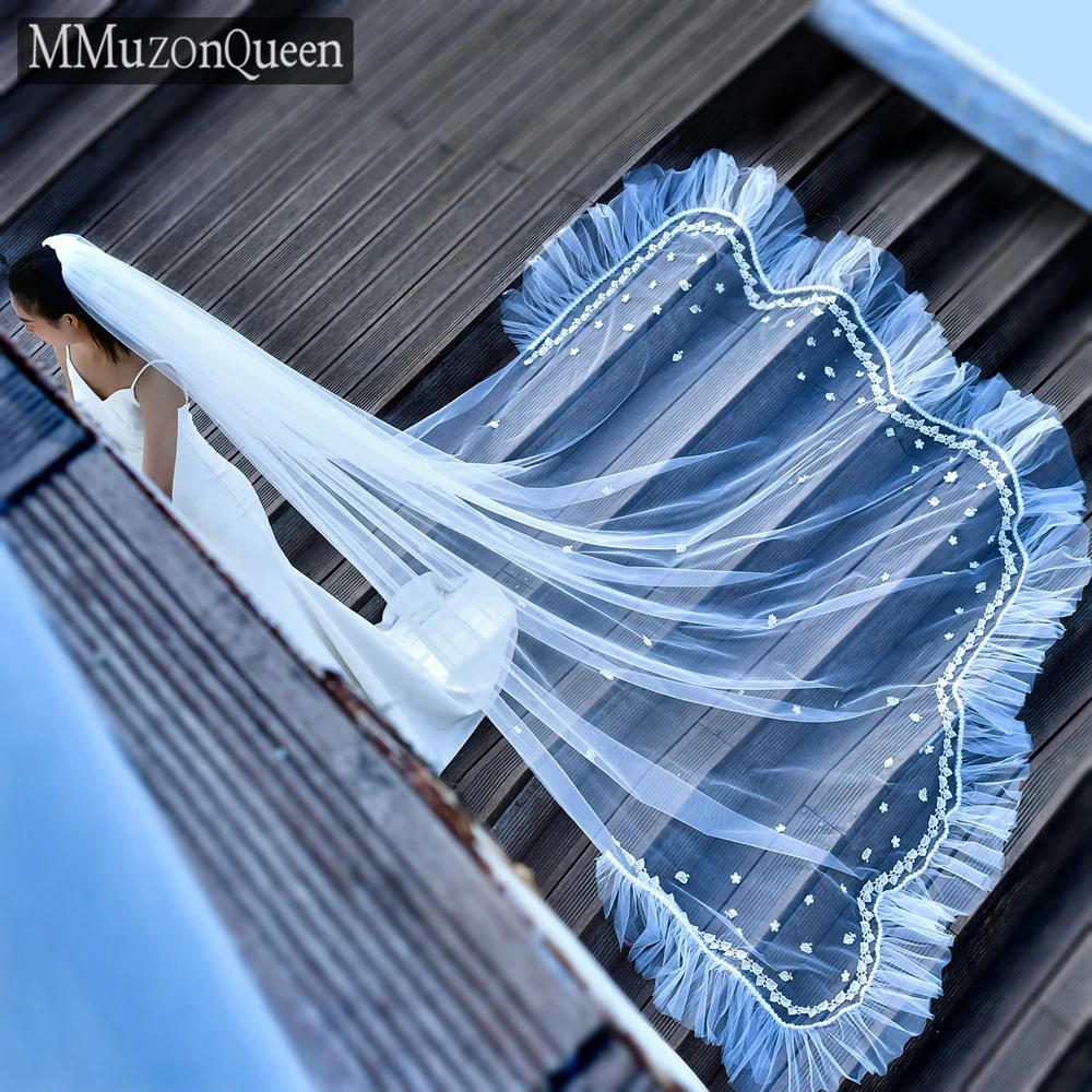 

MMQ M80 Lace Edge Cathedral Bridal Veil Flower Shaped Long Wedding Veils With Comb One Layer Tulle Accessories