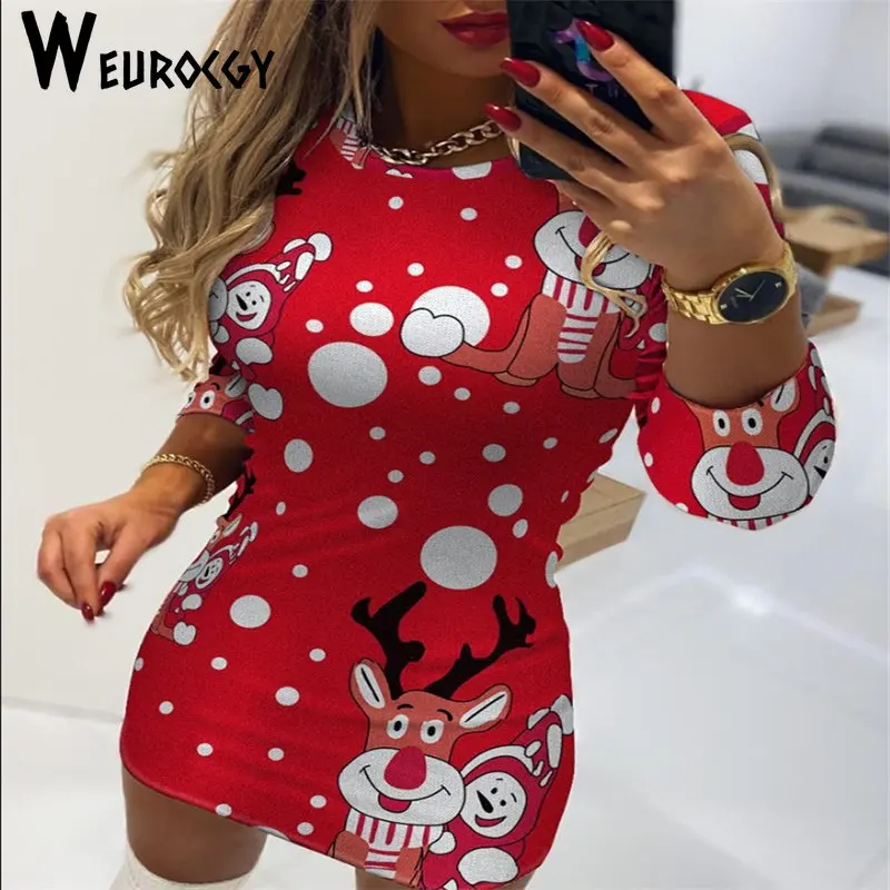 

New Arrival Snowflake Elk Printing Fashion Slash Neck Party Dress Elegant Long Sleeve Women A-Line Dress Christmas Dress Female