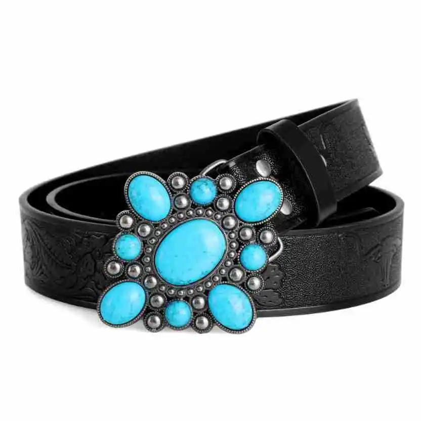 Women's Belt Bohemian Style Belt Vintage Inlaid Turquoise Belt Hip Hop Punk Rock Y2K Style Fashionable Male Belt，For Ideal Gifts
