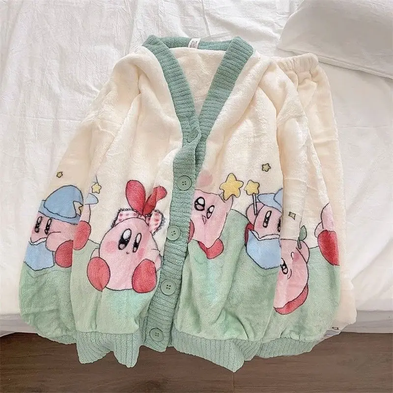 

Cartoon Anime Kirby Pajamas for Women In Autumn Winter New Flannel Insulation Long Sleeved Pants for Outerwear Home Clothing Set