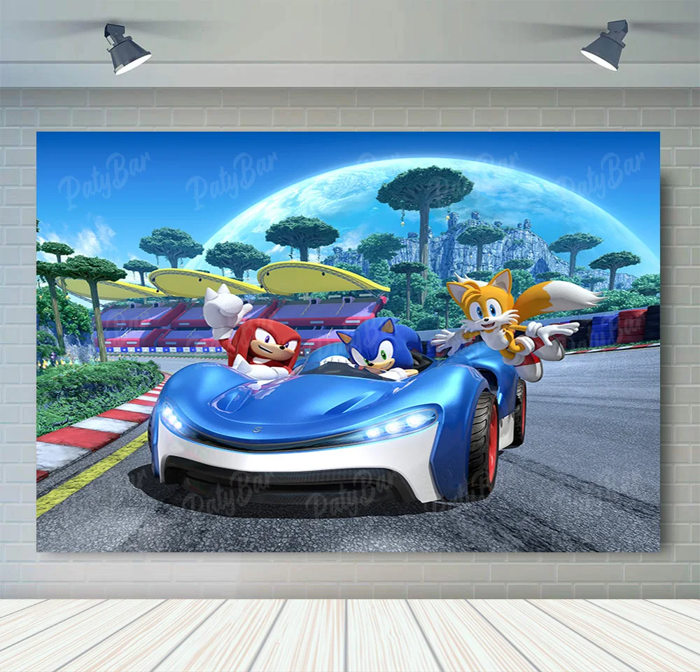 thumbnail image 1 of Fondo de fotografía de Sonic, el erizo de velocidad, héroe corredor, fondo de fotografía de dibujos animados para cumpleaños de niños, accesorios de vinilo de poliéster rojo y azul, 1 of 5