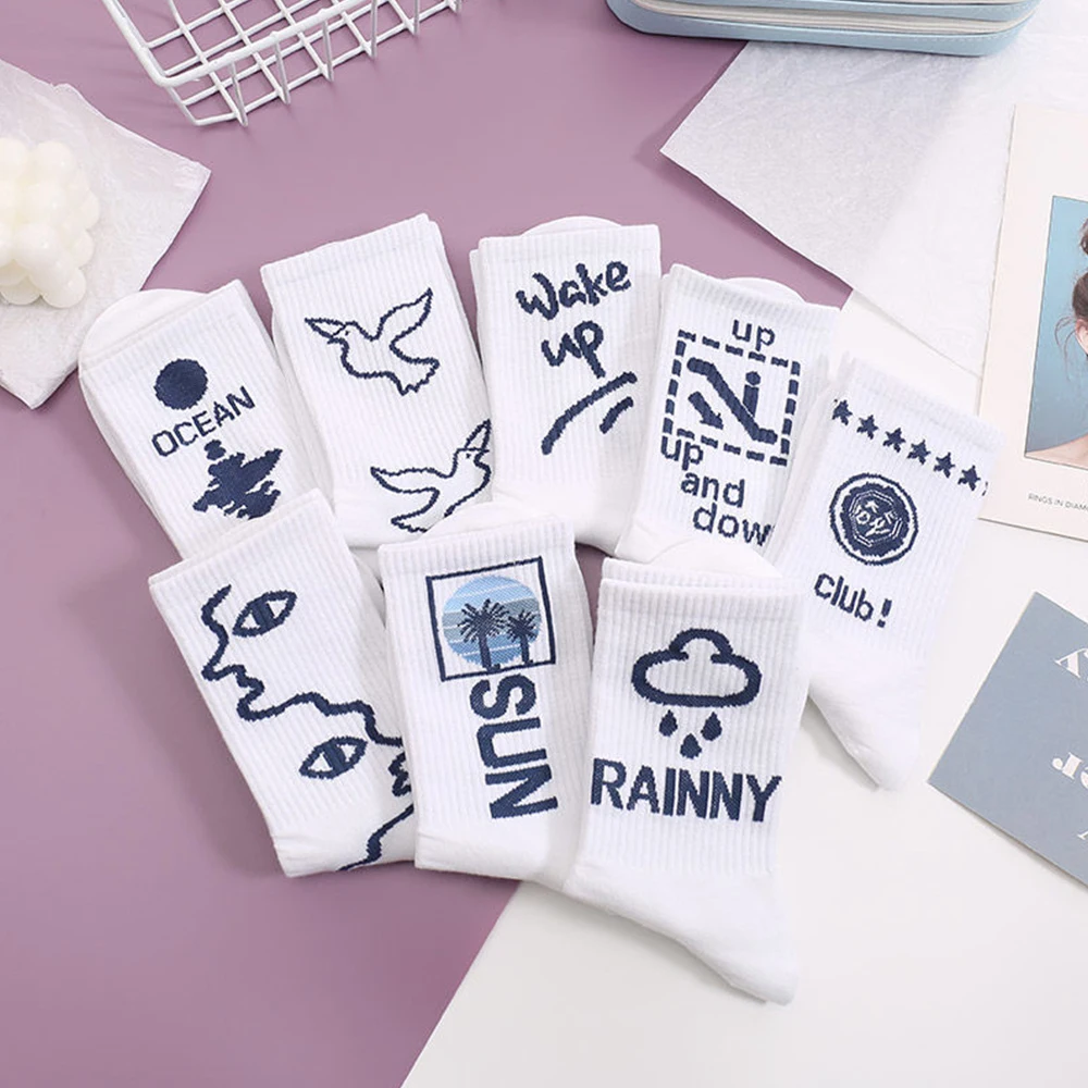 Short Mid-tube Long Men Cotton White Socks 5Pairs Alphabet Geometric Doodles Breathable Basketball Couple Student Sports Socks
