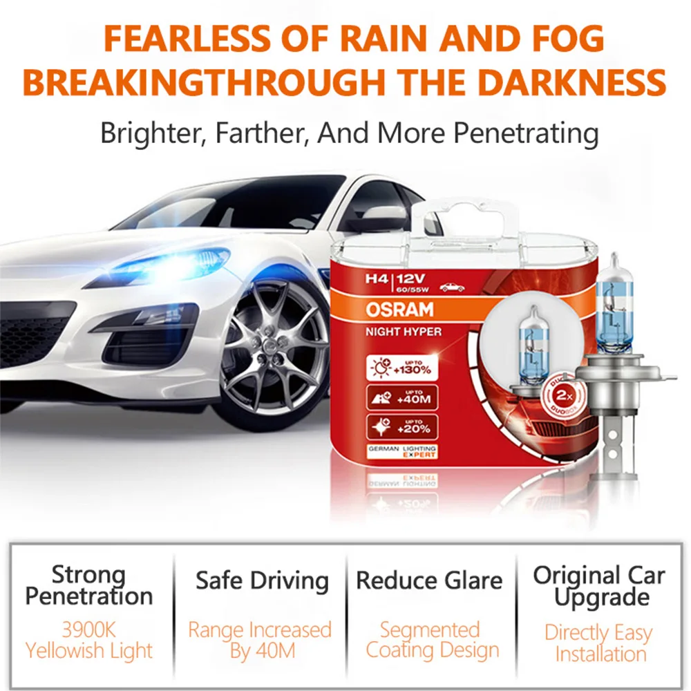 OSRAM H4 12V 60/55W NIGHT HYPER 9003 HB2 64193NH Car Upgrade Halogen Headlight +130% More Bright Original Quality Lamps P43t 3