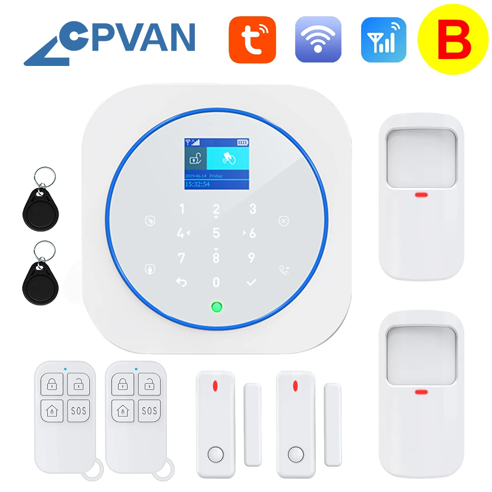 CPVAN Wireless Smart Home GSM Security Alarm System With PIR Motion Detector Door Sensor Alexa Compatible App Control emergency buzzer for elderly Alarms & Sensors