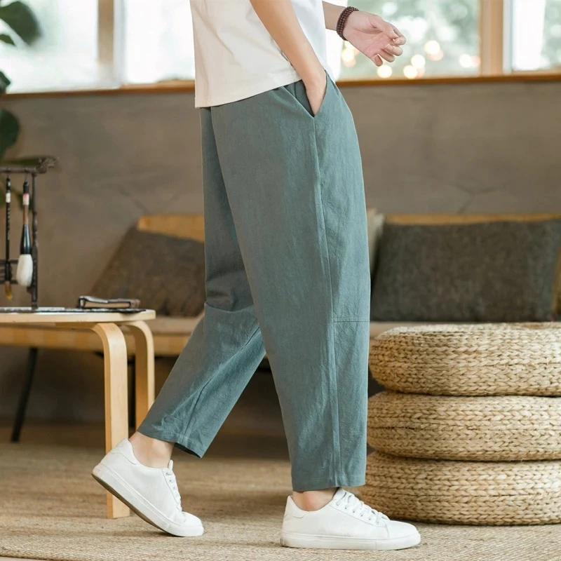 남성 바지 코튼 린넨 패션 캐주얼 바지 솔리드 컬러 통기성 루즈 반바지 스트레이트 드로스트링 바지 streetwear 남성