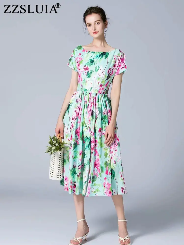 

ZZSLUIA Elegant Dresses For Women Flower Printed Designer Slim Midi Dress Fashion Short Sleeve Summer Dresses Female Clothing