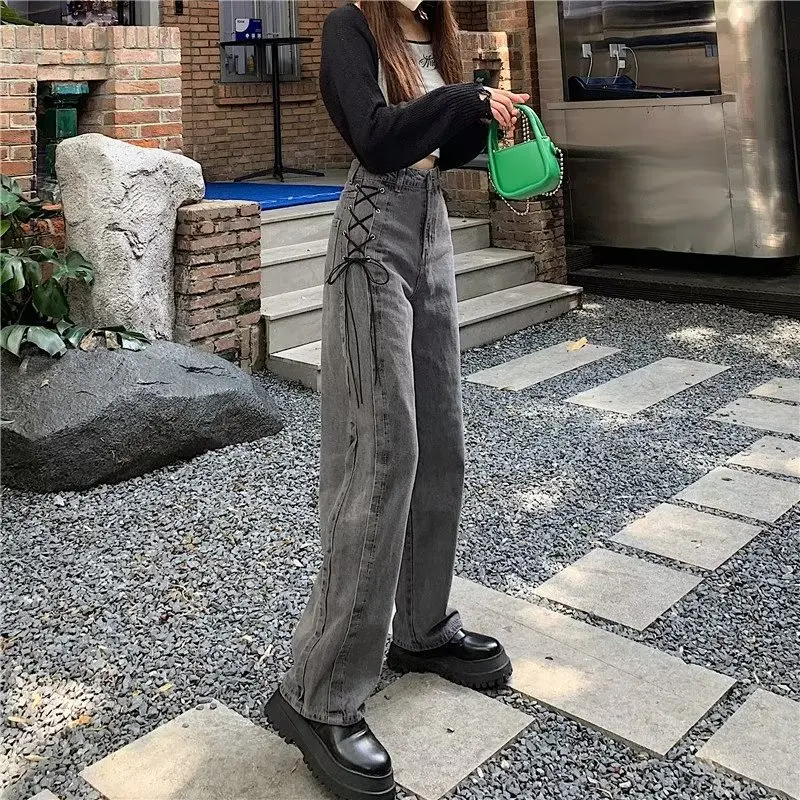 Y2K Jeans Chic Side Lace Up Women pants High Waist korean Fashion Wide Leg Denim Pants Female Harajuku Streetwear Straight Trous