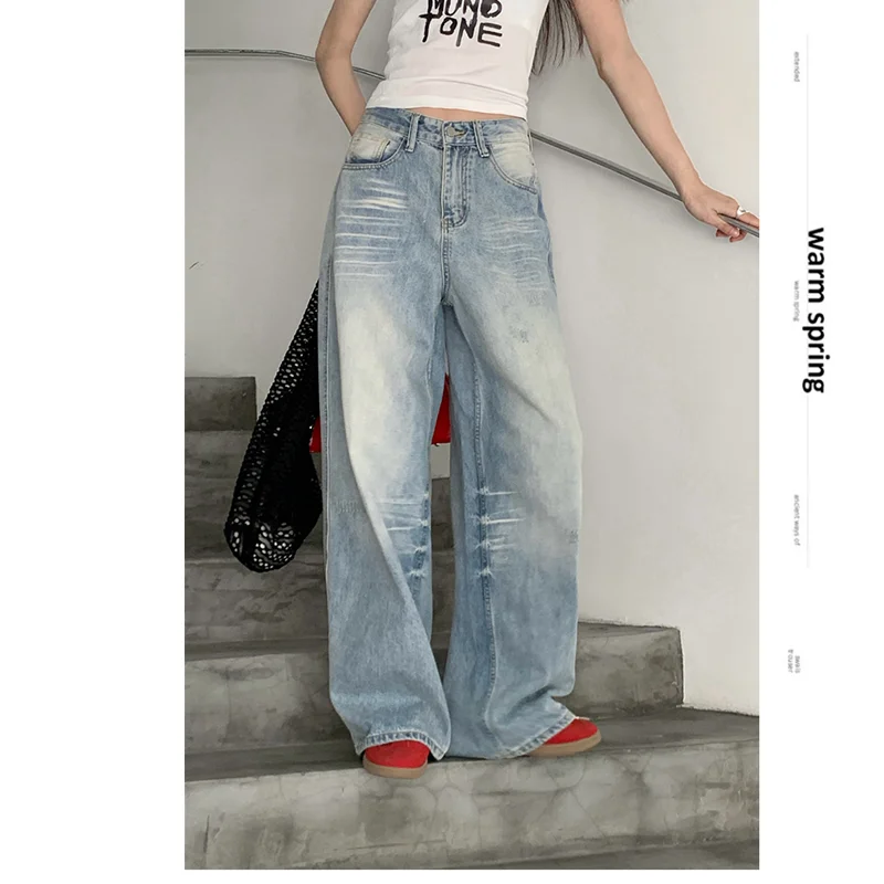 

Light Blue Womens Jeans High Waist Vintage Casual Straight Baggy Y2K Pants Streetwear American Wide Leg Classic Denim Trouser