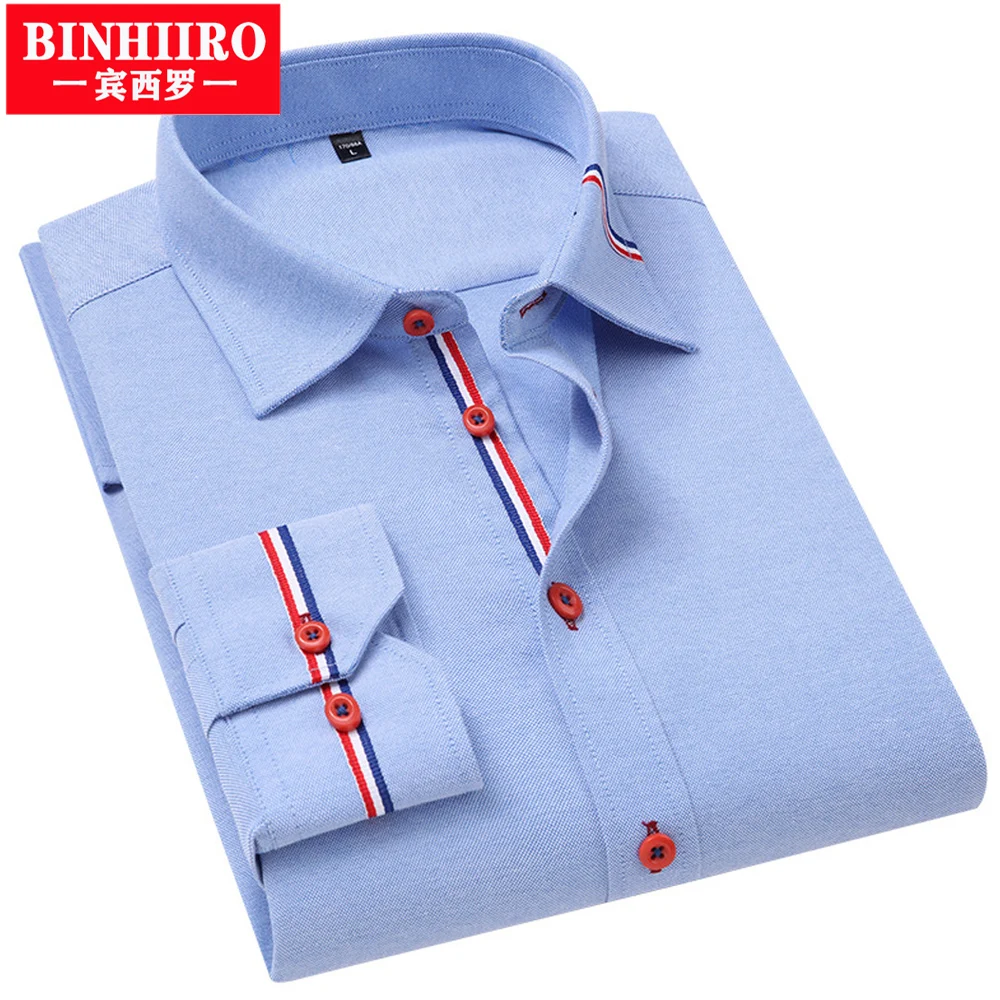 

BINHIIRO Men's Long-Sleeved Shirt 2023 Spring New Fashion Print Stitching Casual Slim Business Social Pocket Button Shirt