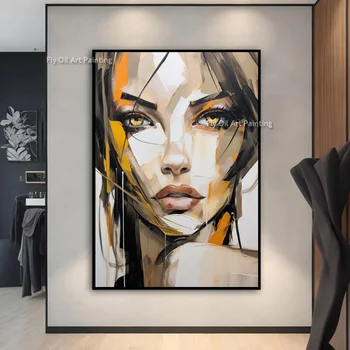Dipinto a mano marrone e beige viso di donne pittura a olio astratta grande faccia di donna arancione tela arte della parete arte moderna per la decorazione domestica 1