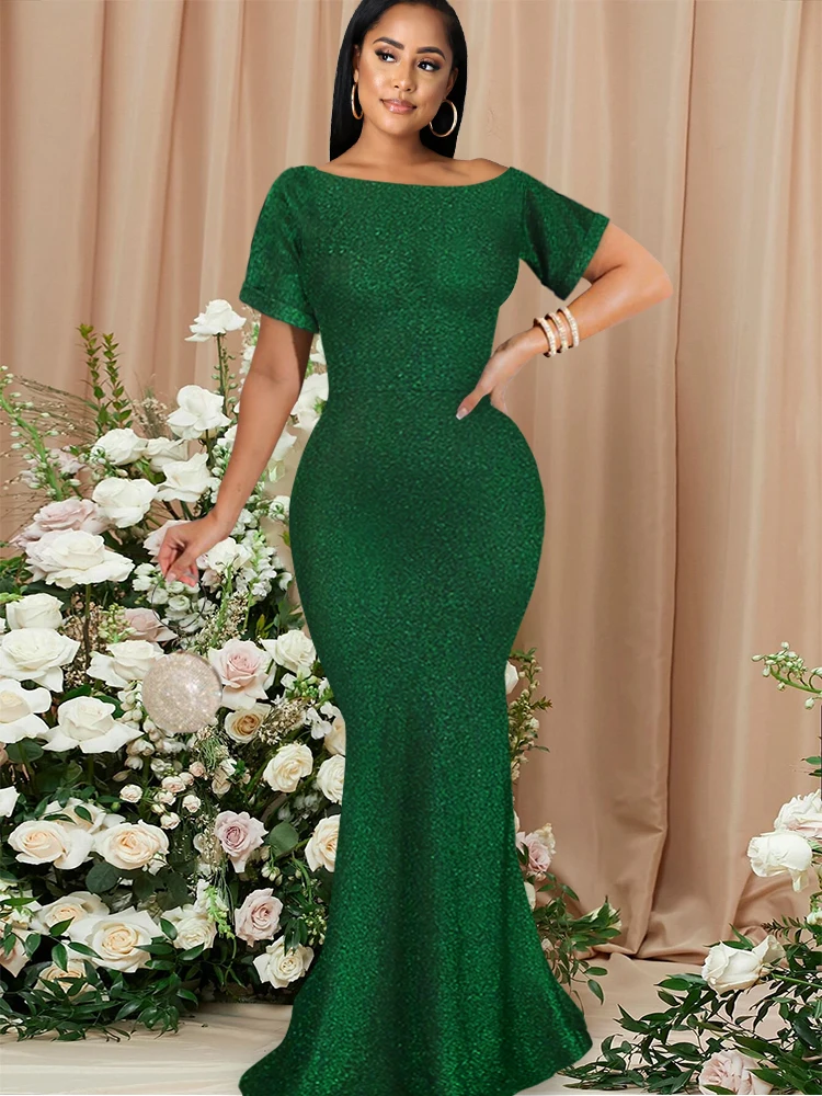 Glitter Maxi Green Slash Collar Elegant Evening Dress 1
