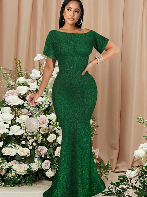Glitter Maxi Green Slash Collar Elegant Evening Dress 1