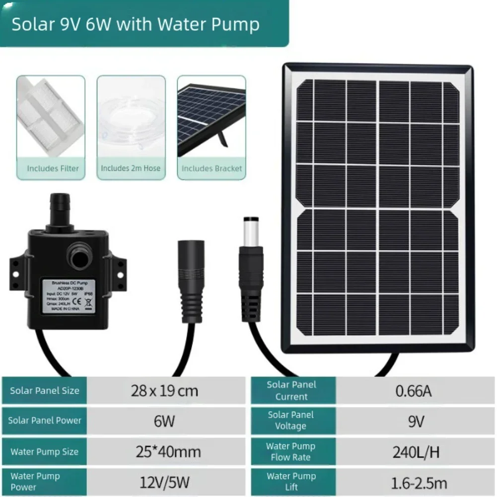 태양광 양수 시스템 9V 6W/10W 패널 5V DC 펌프 240L/H 2M 튜빙 포함 태양광 산소 펌프 키트 1세트
