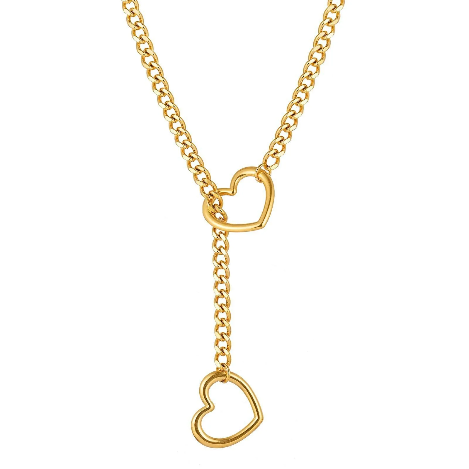 Adjustable Stainless Steel Cuban Link Necklace Hollow Heart Y-Shaped Necklace Punk Rock Style Party Accessories