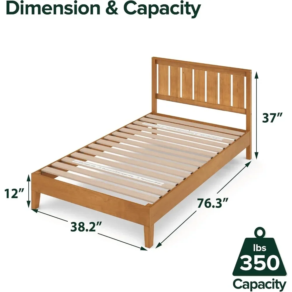 Deluxe Wood Platform Bed Frame with Headboard, Wood Slat Support, No Box Spring Needed, Easy Assembly, Rustic Pine, Twin 2