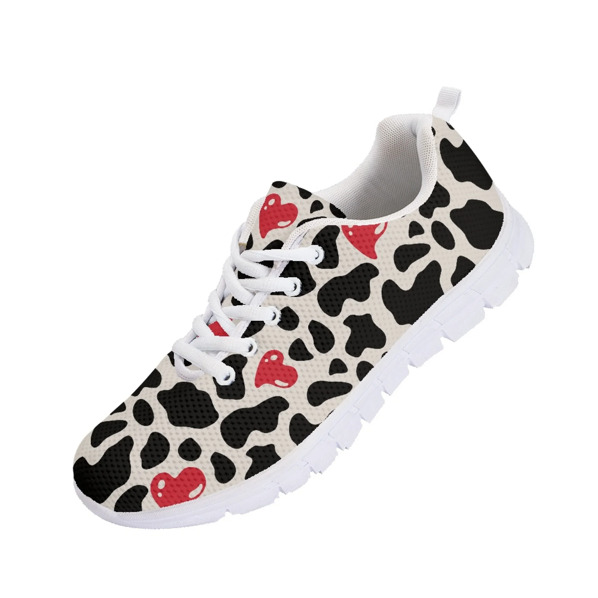 Yikeluo Cute Cow Love Print Pattern Femme Mesh Sneakers Breathable Lace up Flat Shoes for Women Casual Footwear Zapatos