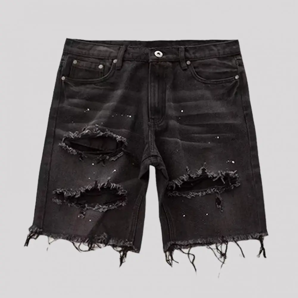 Ripped Jeans Men's Summer Deformed-resistant Distressed Denim Shorts Straight Fit Ripped Holes Knee Length