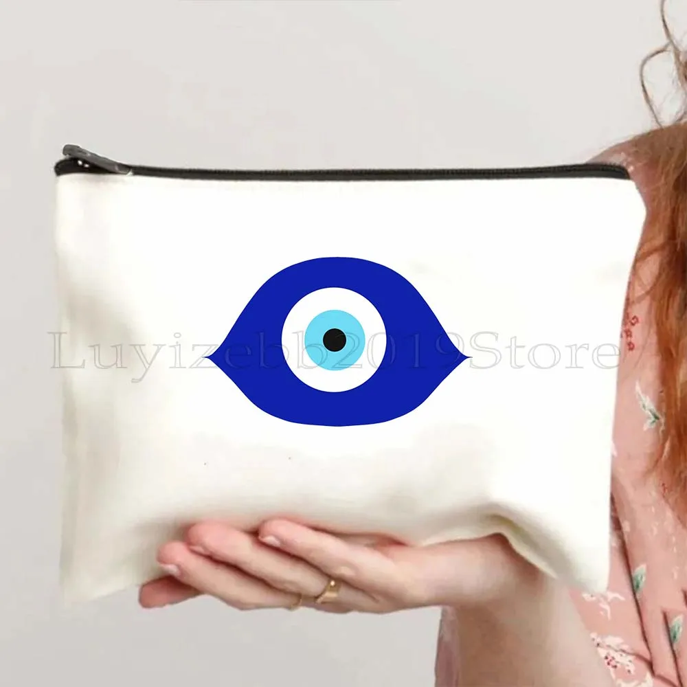 Colorful Blue Evil Eye Charm Nazar Amulet Love Heart GREECE Boho Mandala Canvas Bag Cosmetic Makeup Bag Pencil Case Zipper Pouch 6