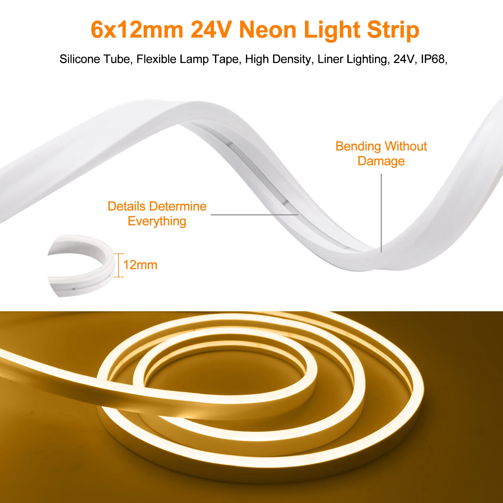 태양광 네온 스트립 DC 24V IP67 방수 웜/콜드 화이트 플렉시블 리본 로프 LED 조명 야외 정원 장식 램프