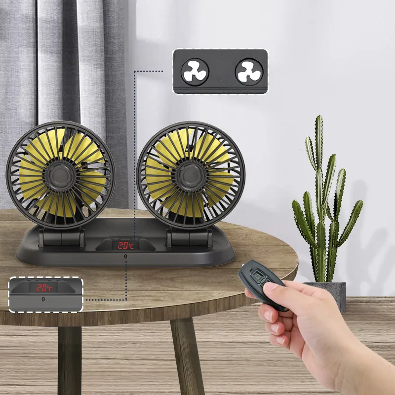 Car Double Head Folding Fan 12V/24V 360 Rotation Adjustment Cigarette Lighter Interface Remote Control Temperature Display Fan electric fan,car fan