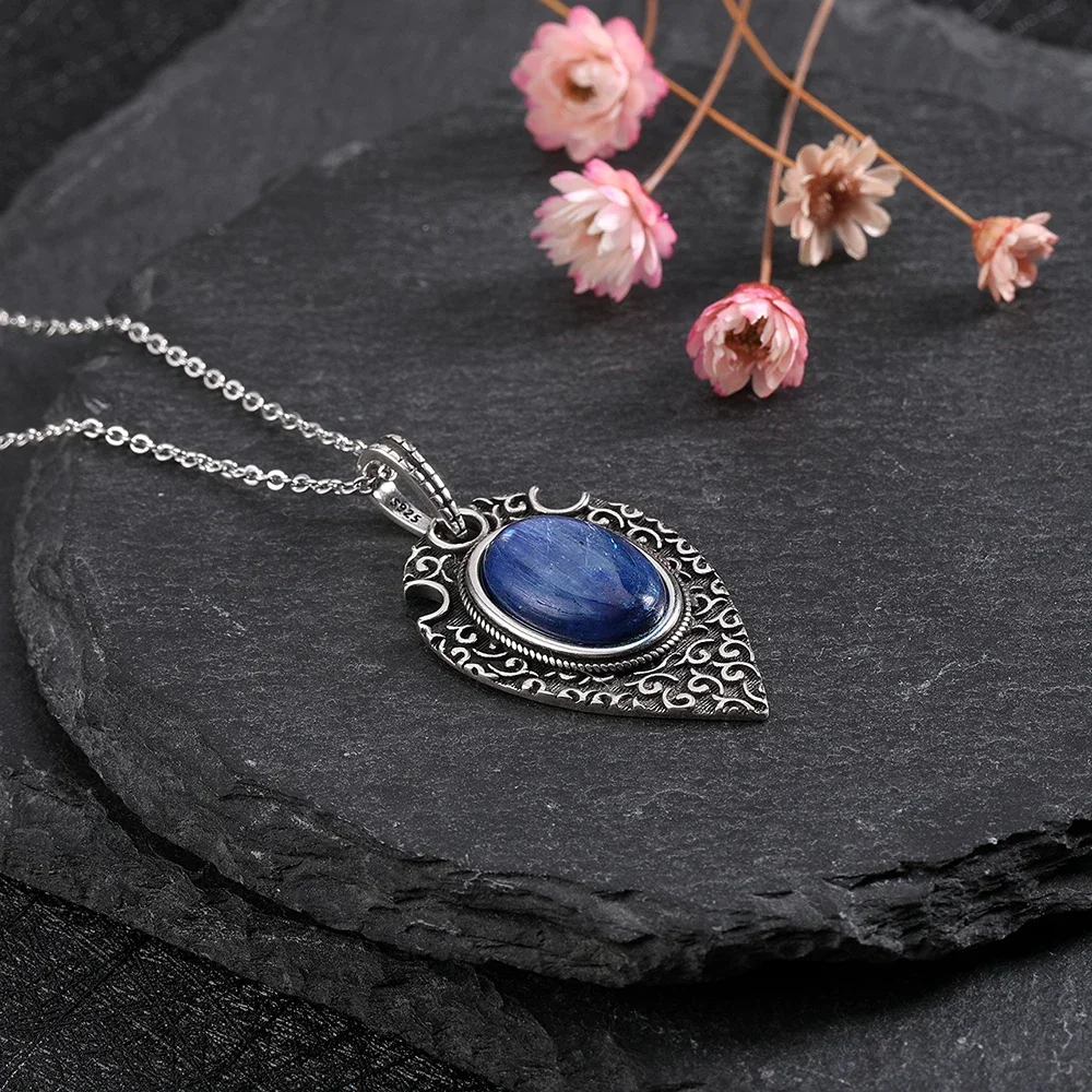 Natural Kyanite Pendant S925 Sterling Silver Necklace for Women Vintage Style Jewelry Accessorise Wedding Party Anniversary Gift pendant necklace silver necklace silver pendant