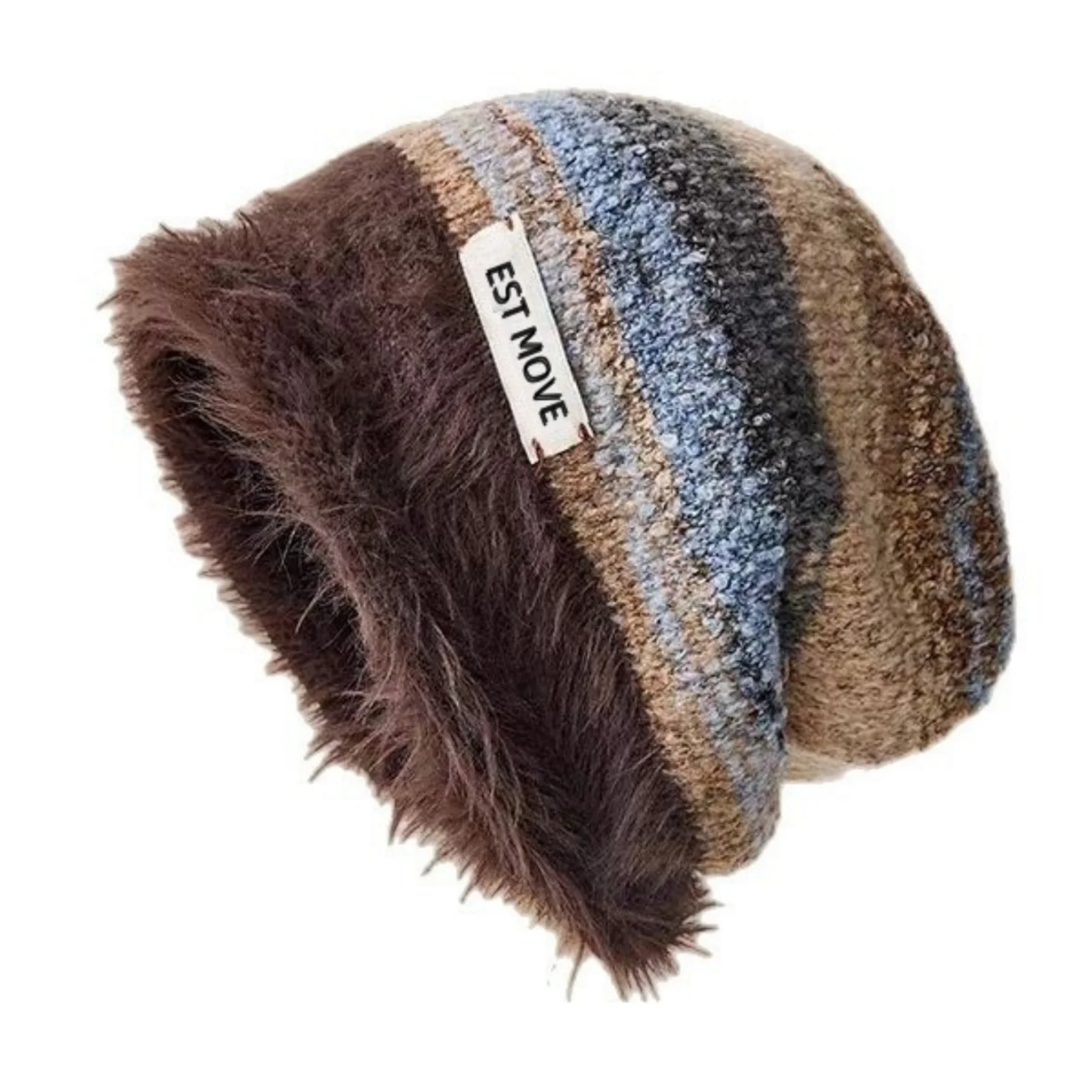1PC Furry Knitted Beanie Hat, Warm Striped Winter Cap , Trendy Casual Headwear For Women, Cross - Border Fashion Accessory