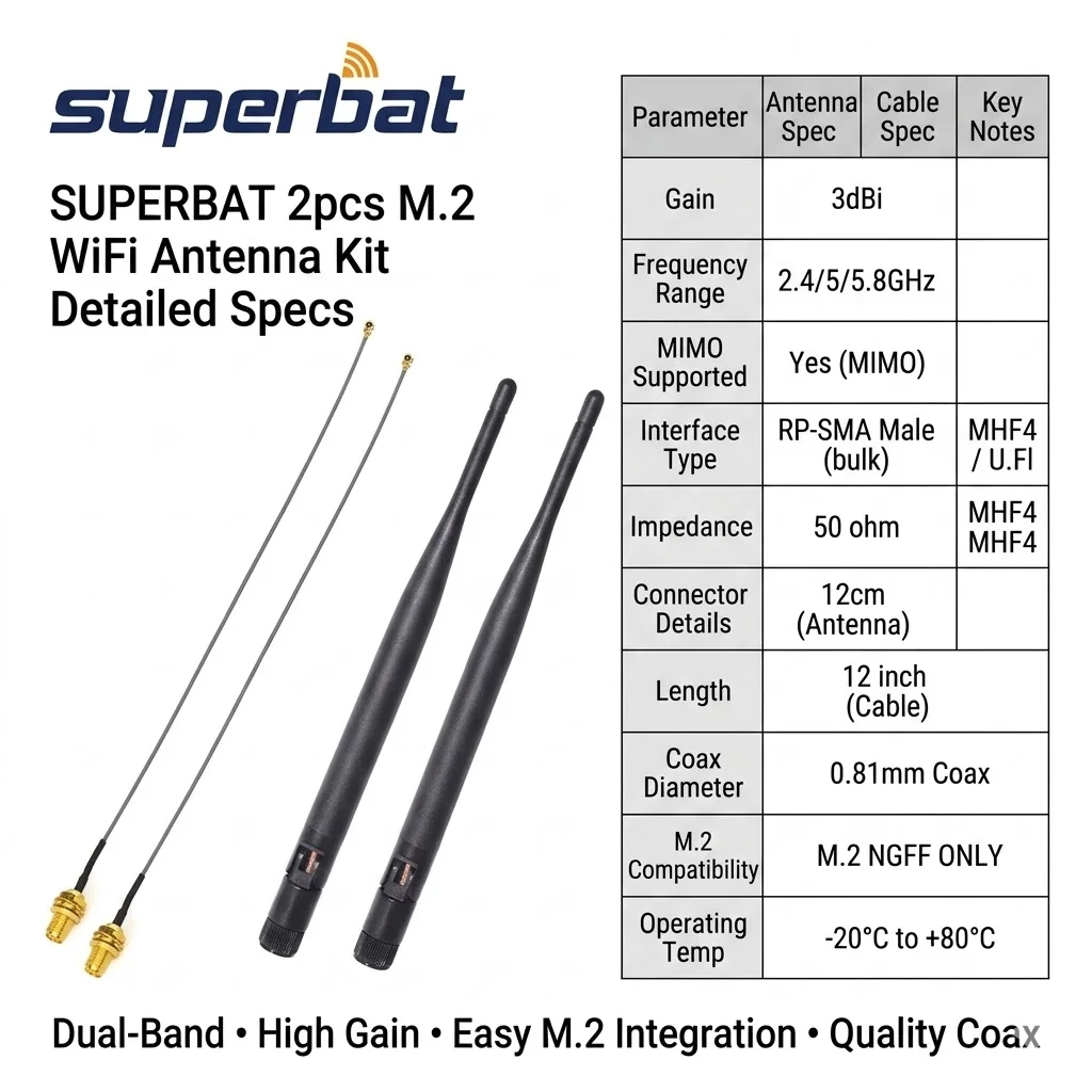 Superbat 2pcs M.2 3dbi 2.4GHz 5GHz 5.8GHz MIMO WiFi 안테나 RP-SMA Male + Ipex4 - 무선 네트워크 카드용 RP-SMA 케이블