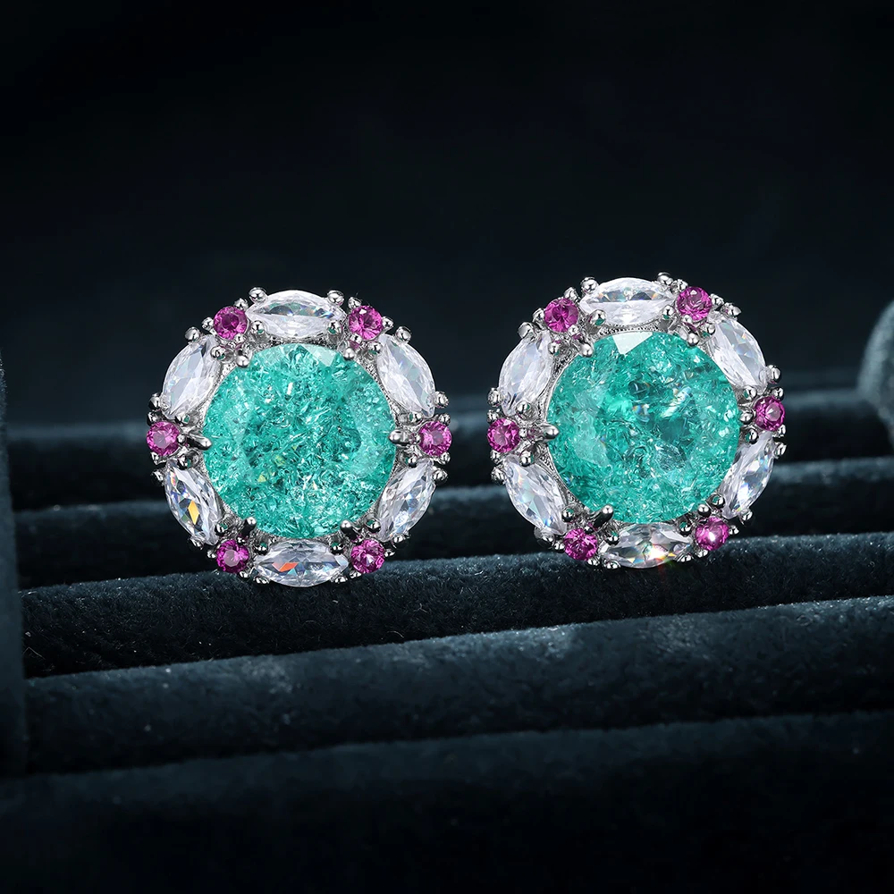 Women French Vintage Flower Earrings Round Cut Ice Crack Zircon Stud