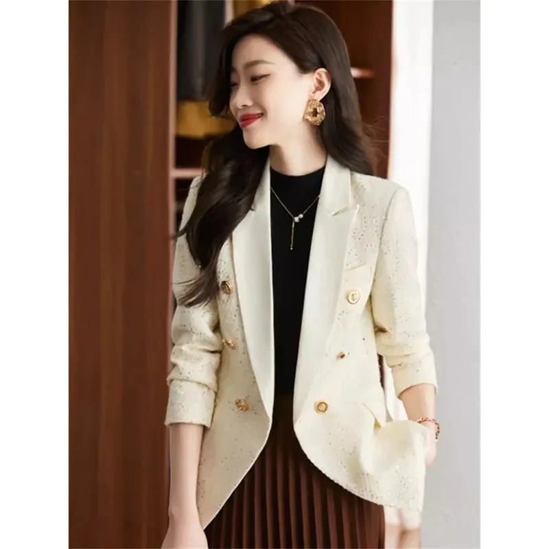 

2023 New Sequin Small Fragrance Style Blazer Coat Women Autumn Winter Long Sleeve Double Row Button Woolen Outcoat Lady Blazer