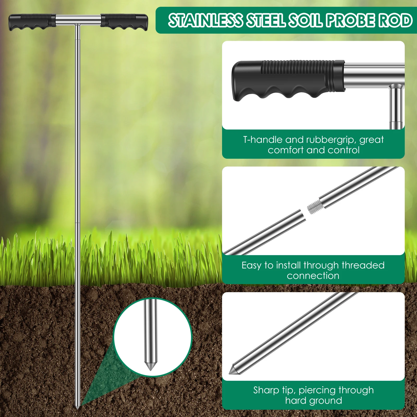 Stainless Steel Soil Probe Rod Height Adjustable Ground Probe Rod with Handle Portable Ground Rod Tool for Locating Septic Tanks