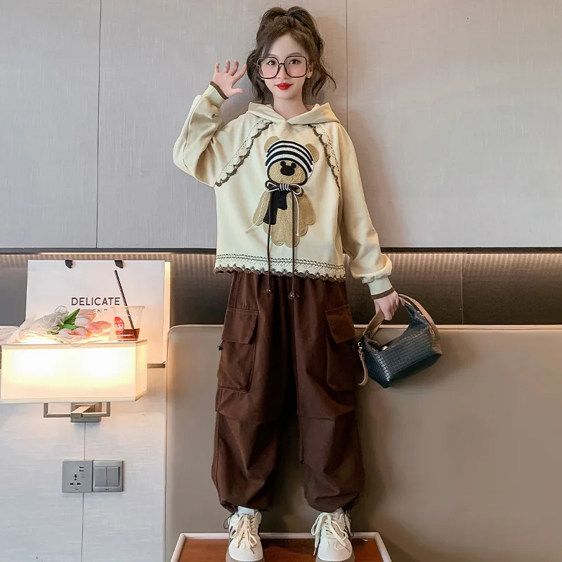 

Korean Spring Autumn School Girl 2-Piece Sets Teenager Girl Cartoon Bear Hooded Sweatshirt+Cargo Pants Set For Girls 4-12Yrs
