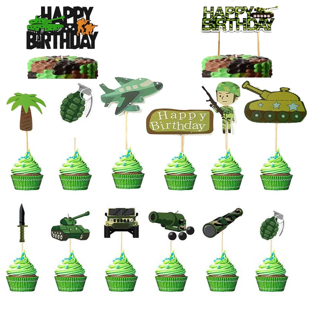 

Camo Cupcake Toppers Happy Birthday Cake Decorations for Kids Boy Girl Soldier Army Military Themed Birthday Party Supplies