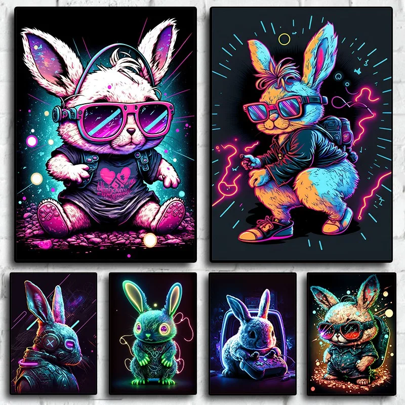 

Colorful Neon Gamepad DJ Street Dance Rabbit Music Poster Aesthetic Gaming Canvas Print Wall Art Home Gamer Room Decor