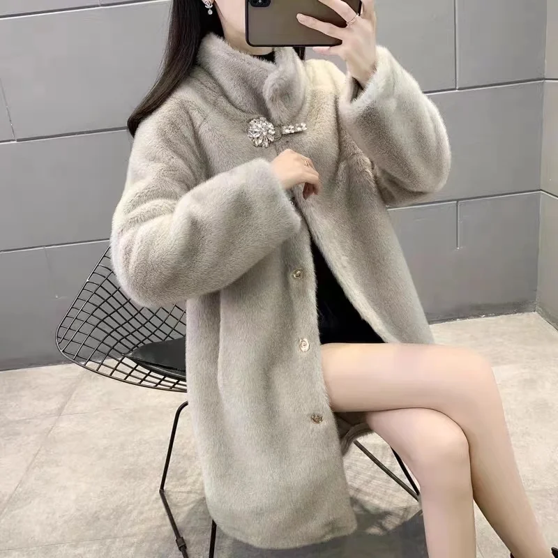 Oversized Mink Fur Jacket Women Casual Buckle Stand Collar Winter Coat Thick Windproof Long Sleeve Solid Colors Overcoat Loose
