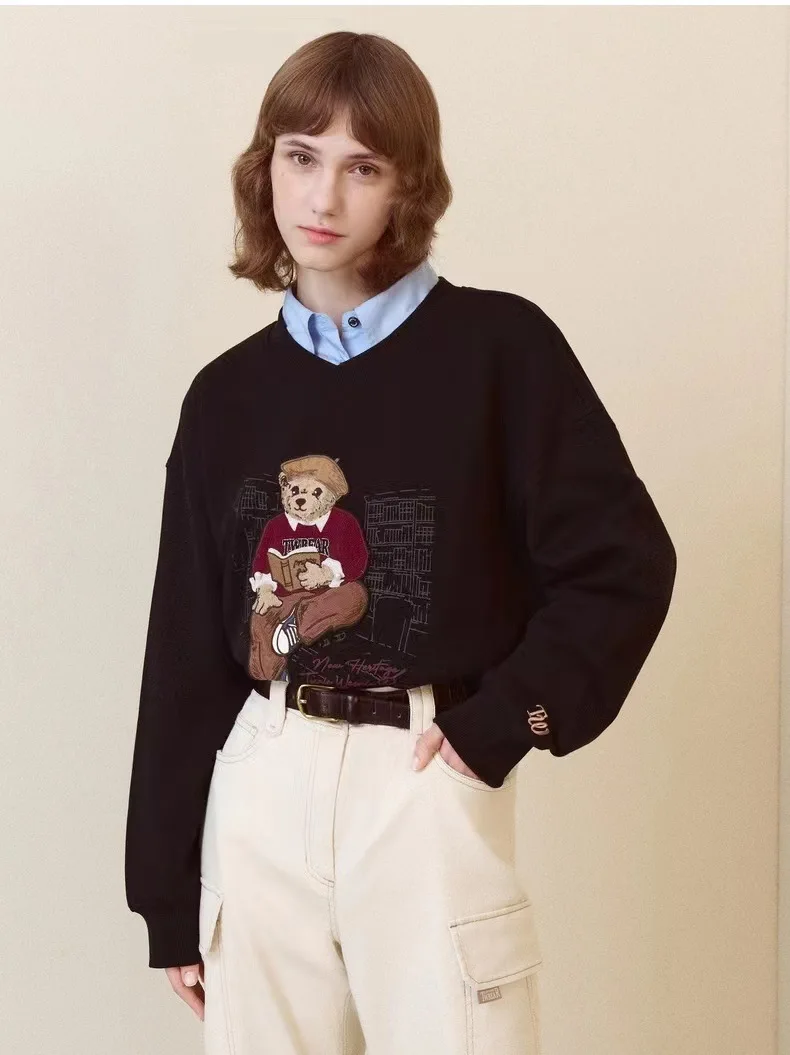 

Bear Embroidery Hoodies for Women, Grey Color , Full Sleeves Oversize Sweatshirt , Cotton Tops, Vestidos Para Mujer, Traf