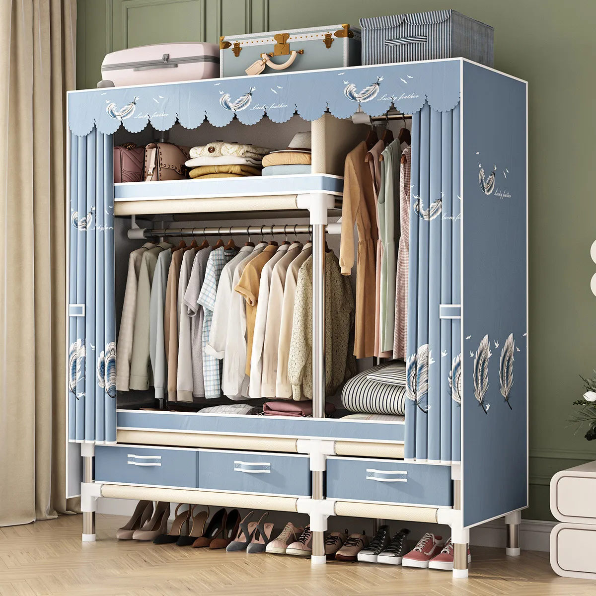Storage Cabinet Spacious Durable Stainless Steel Wardrobe with Dustproof Cover for Bedroom Dorm Home
