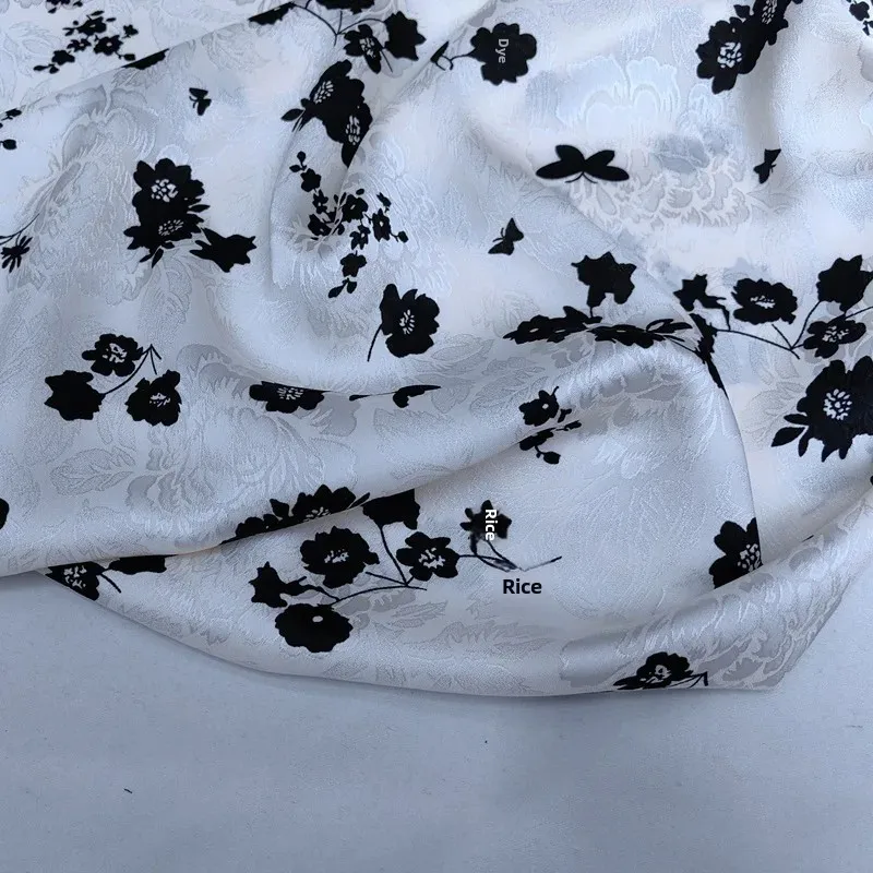 Black White Embroidered Satin Print Fabric for Dresses Cheongsam Traditional Chinese Style Spring Hot Sale Of The Season Fashion