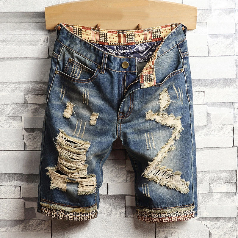 

Summer Men's Hole Ripped Denim Shorts Casual Straight Fit Retro Biker Short Pants Male Brand Streetwear Clothing